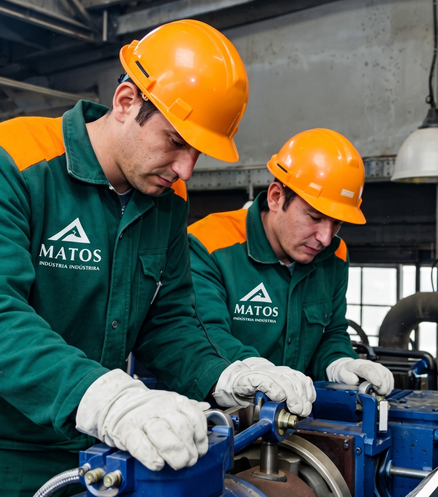 Equipe uniformizada da Matos realizando manutenção em equipamento industrial